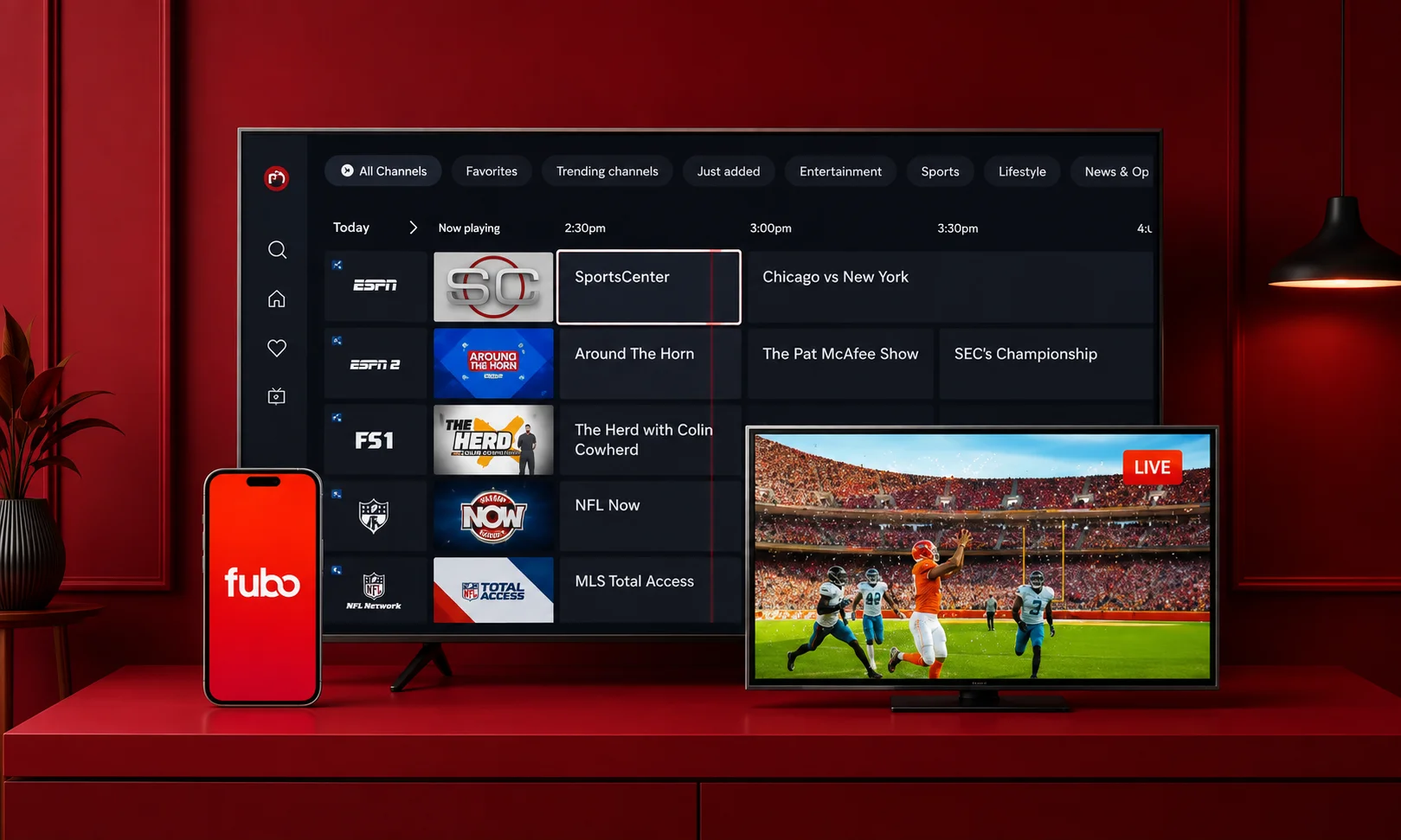 A television screen displaying the Fubo streaming platform menu against a deep red background.