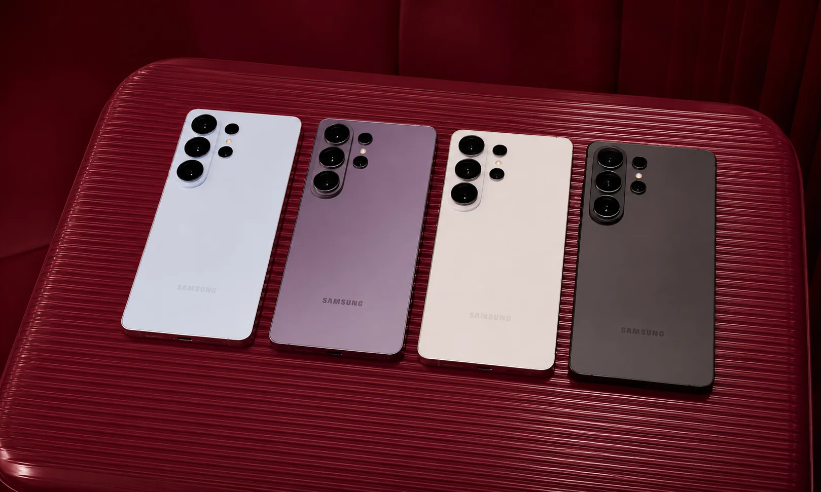 A lineup of Samsung Galaxy S26 Ultra color variants.
