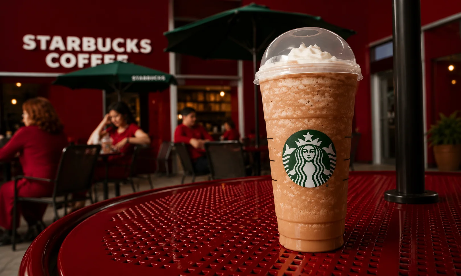 A Starbucks branded beverage cup displayed against a rich red background.