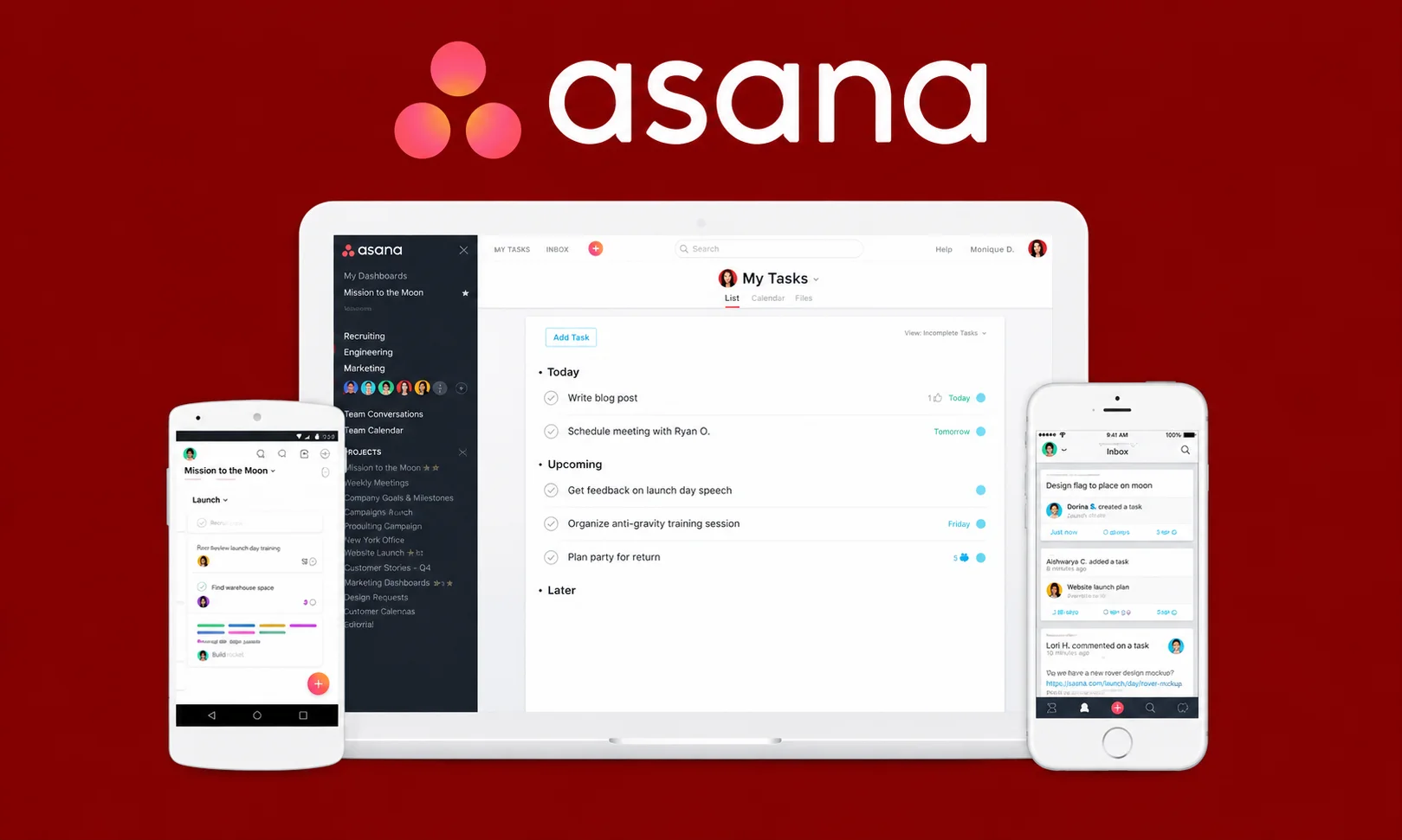 Asana dashboard displayed on a central screen flanked by devices on a red surface
