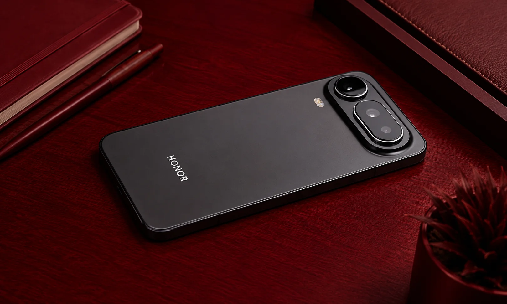 A sleek black smartphone resting flat against a matching red backdrop.