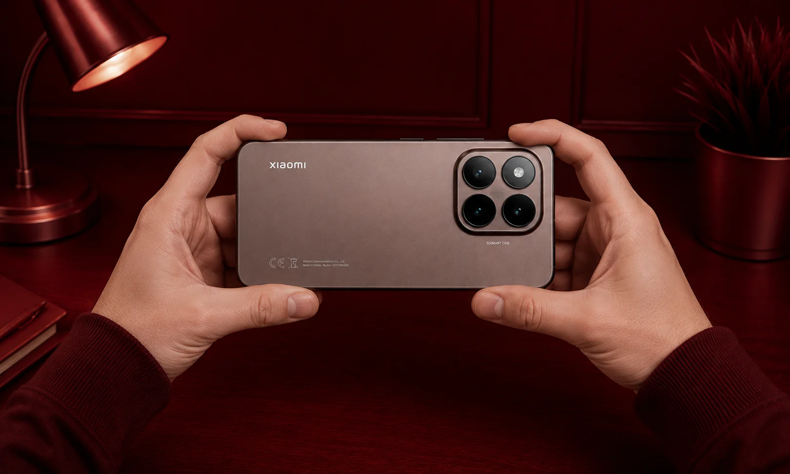 A Xiaomi 15T Pro device being held horizontally on a dark red surface.