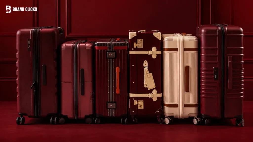 15 Best Luxury Luggage Brands for Travelers in 2026 A promotional summary graphic featuring a collection of top luxury luggage brands.