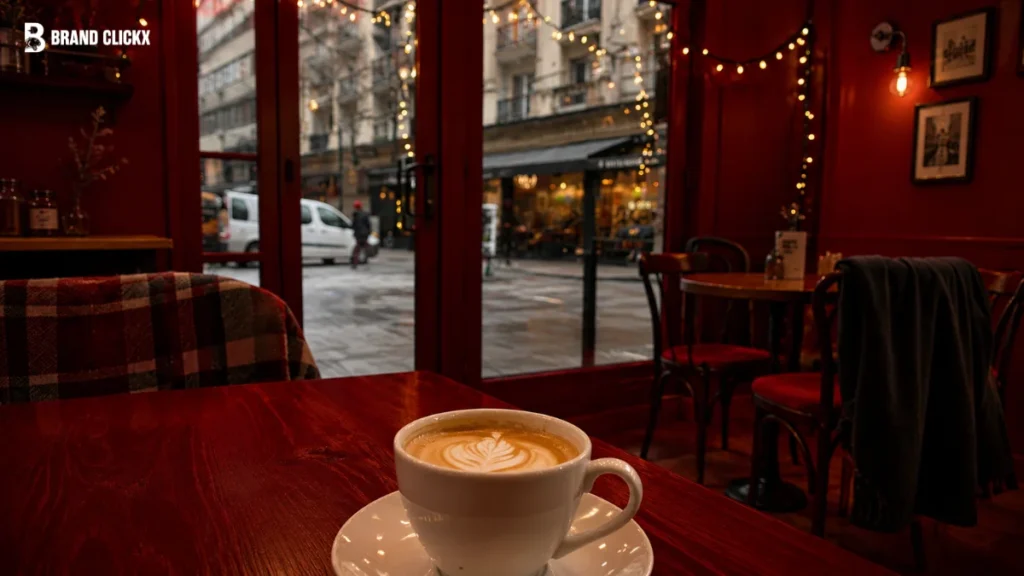A warm-toned interior view of a coffee shop set against a dark red background.