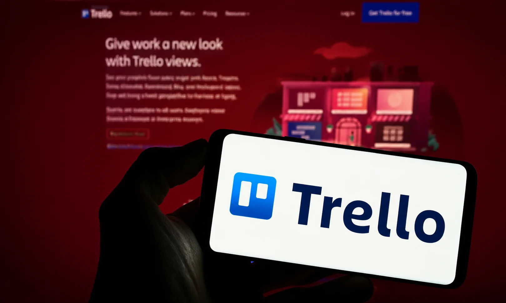 Trello project management board layout displayed with a custom red-ambient atmosphere