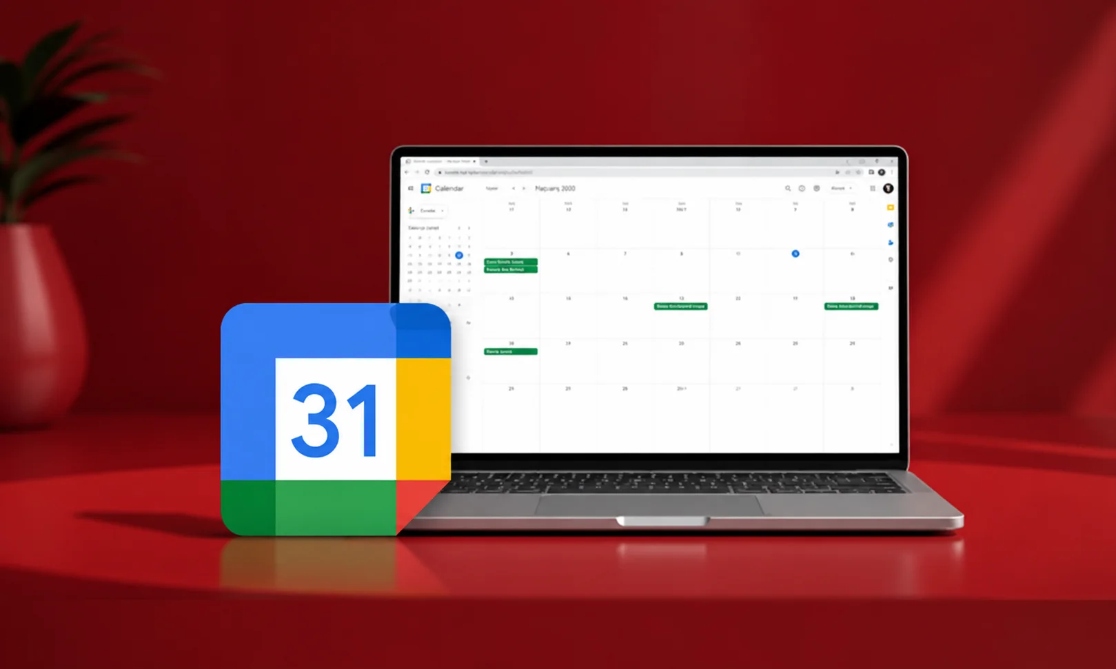 Google Calendar open on a laptop screen next to a mobile device on a red backdrop