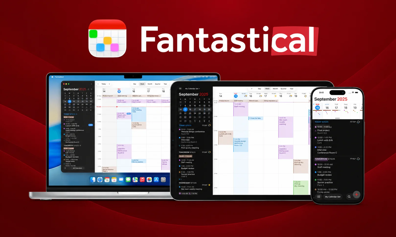 Fantastical calendar app schedule interface set against a dark red tabletop setup