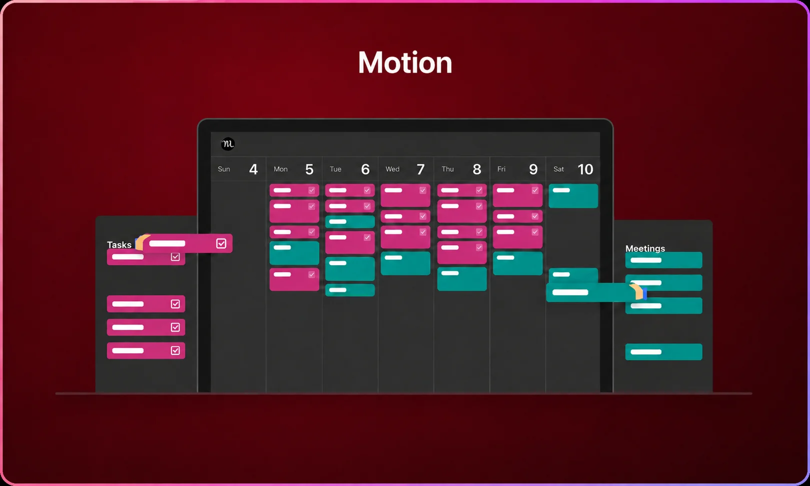 Motion AI task manager and calendar view showcased on a sleek red-toned screen