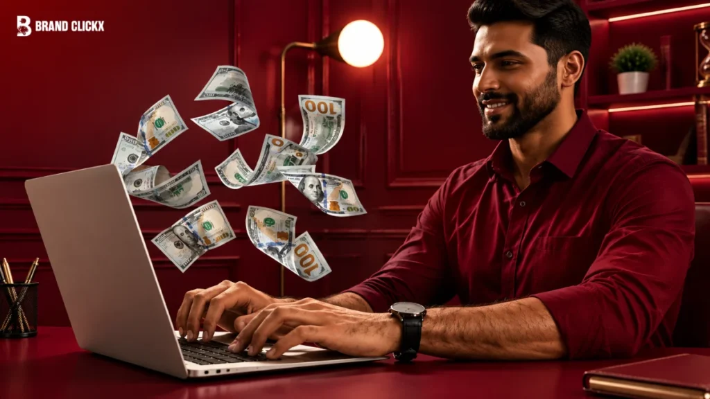 A person working on a laptop surrounded by floating paper currency icons against a dark red ambient background.