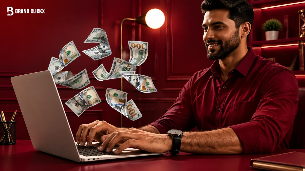 A person working on a laptop surrounded by floating paper currency icons against a dark red ambient background.