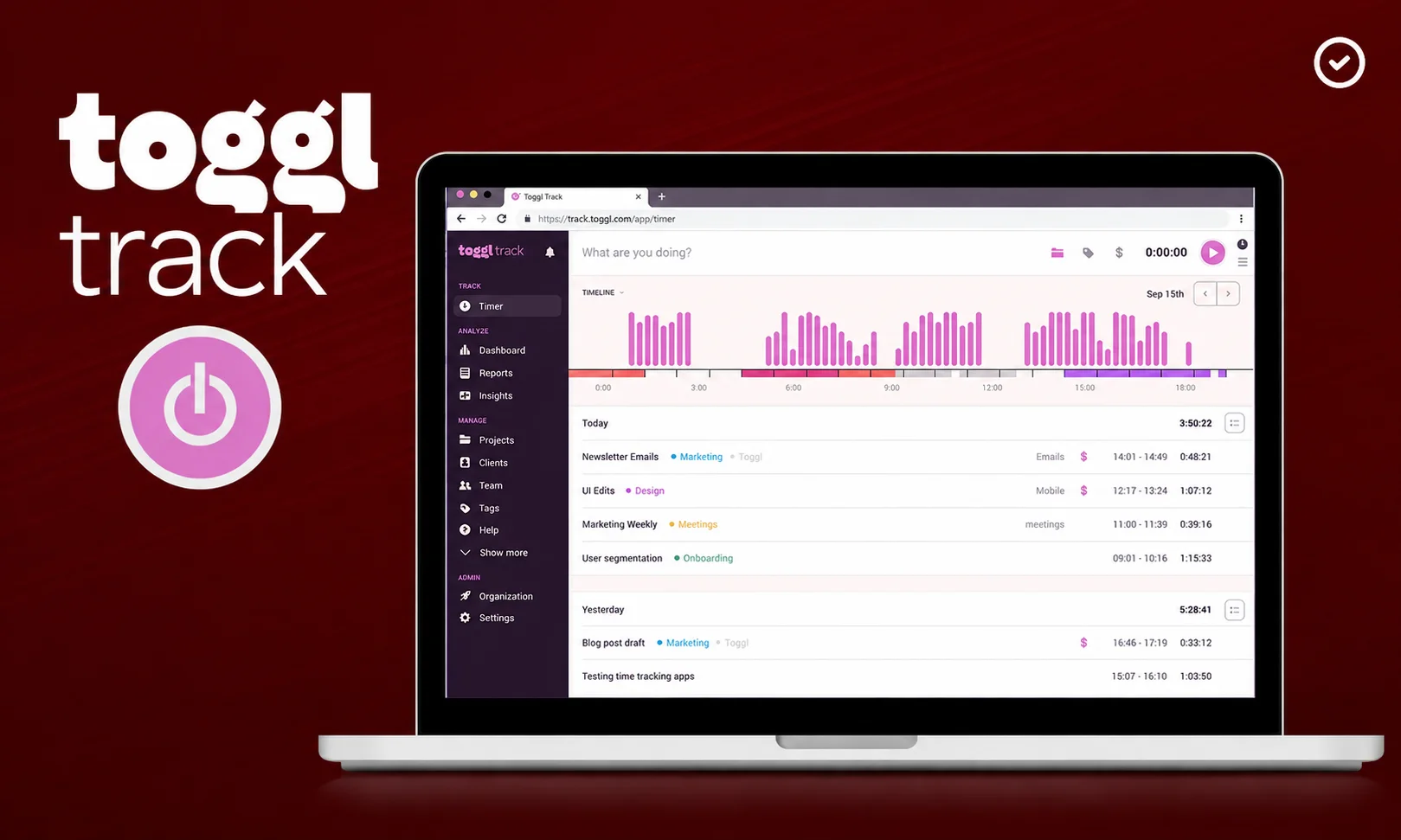 Toggl Track time-tracking software timer interface on a dark red workspace background