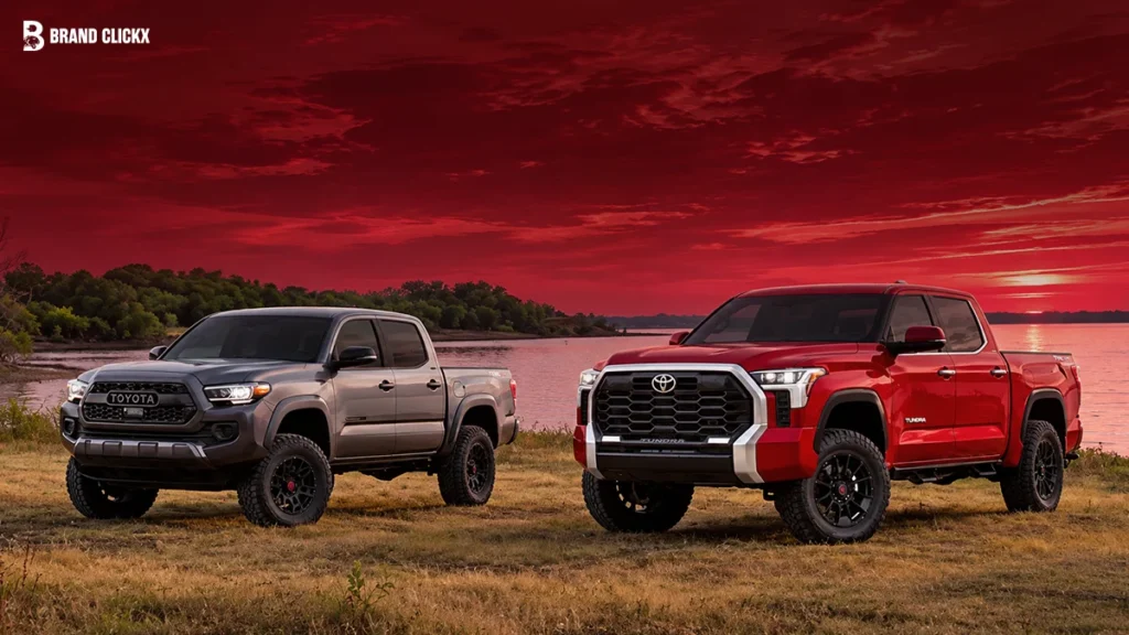 2026 Toyota trucks Tacoma and Tundra models on red background