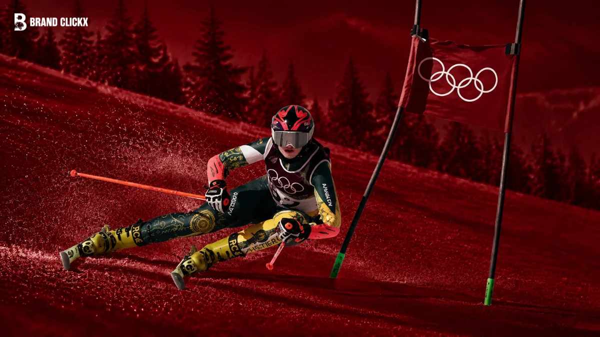 A skier competing on a snowy slope set against a dark red ambient background.