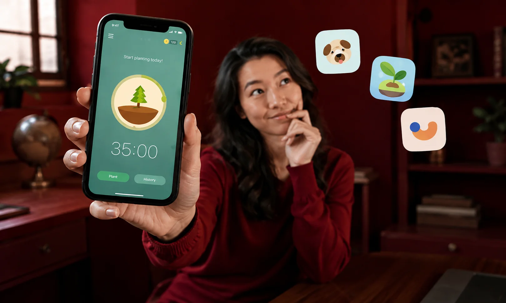 Forest focus timer app interface active on a smartphone against a warm red setup