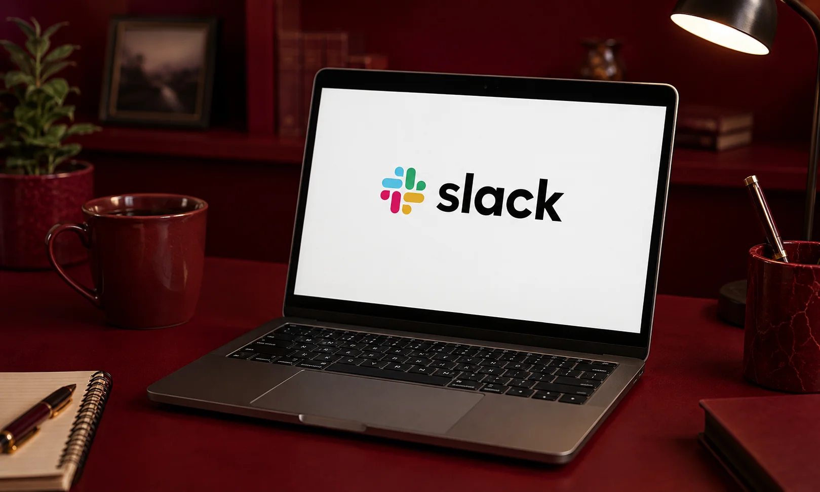 Slack team communication workspace open on a laptop set against a dark red background