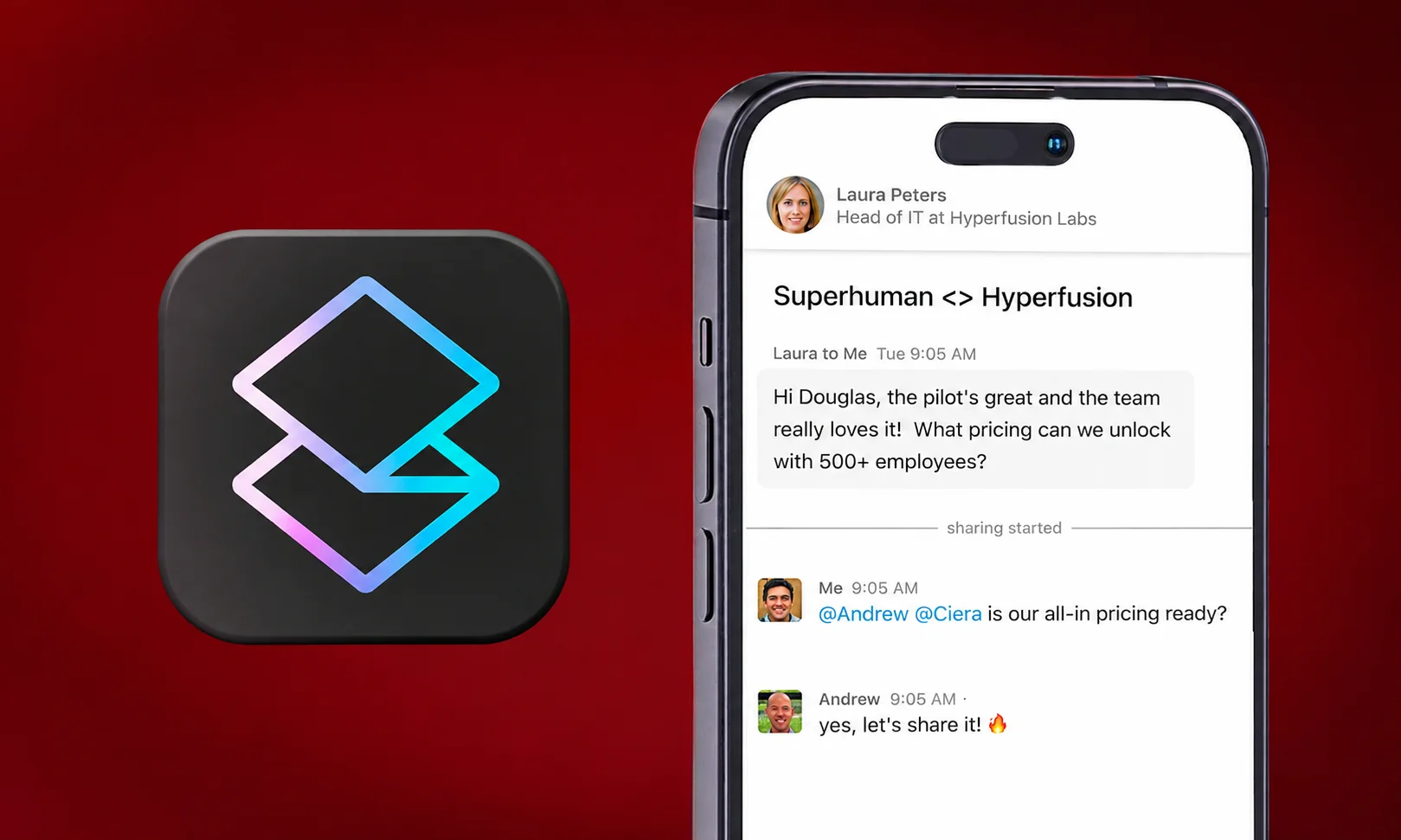Superhuman email client clean interface displayed on a device with red ambient tones