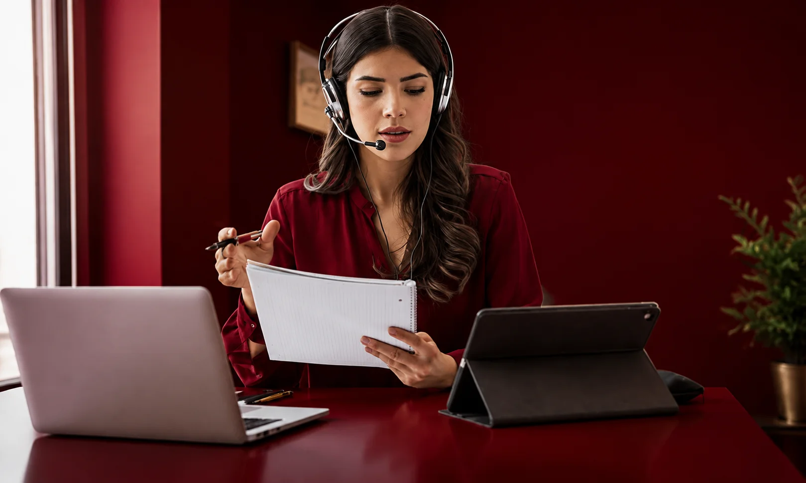 A person working at a desk with a headset and laptop showcased under a warm red-toned aesthetic.