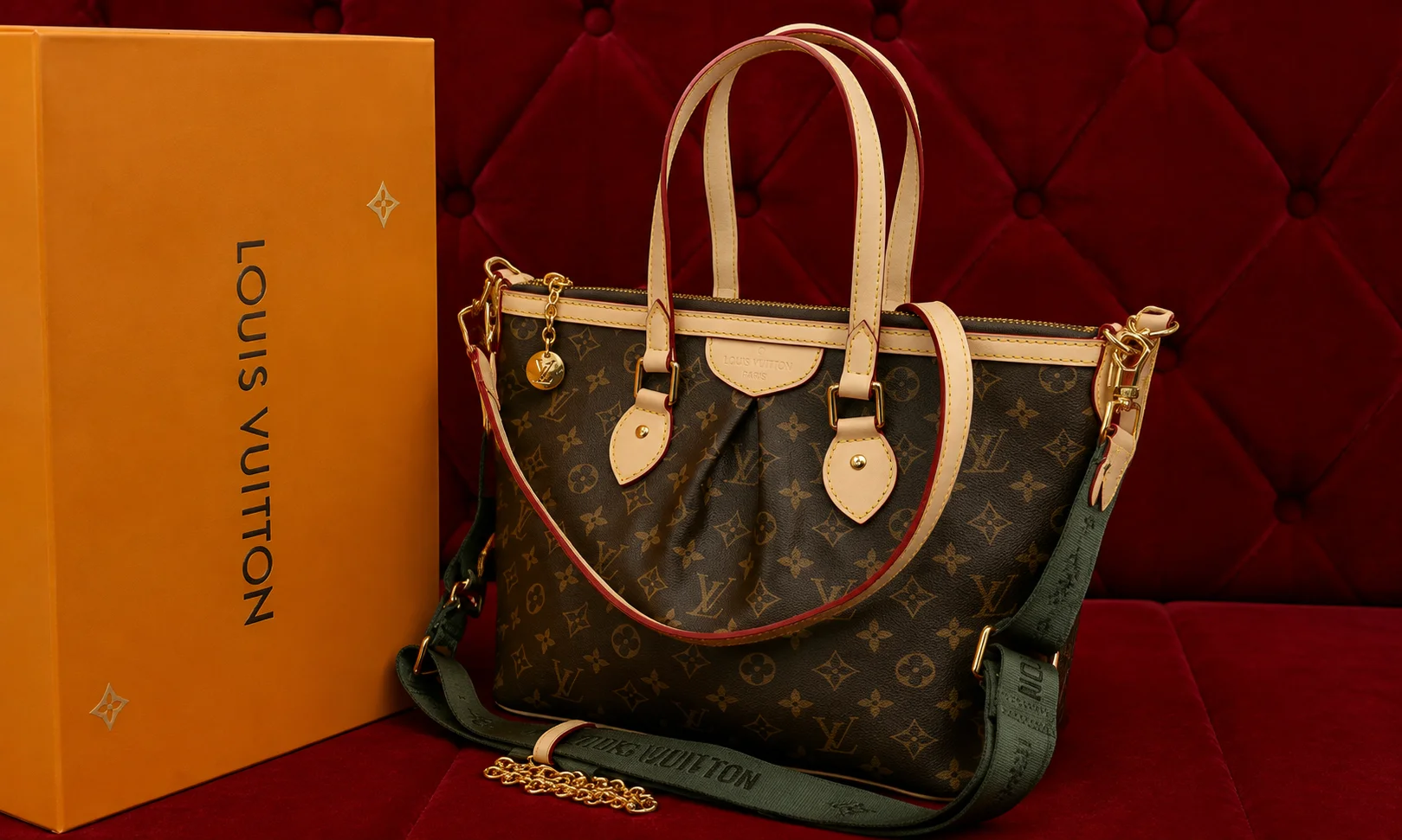 A Louis Vuitton handbag displayed against a dark red ambient background.