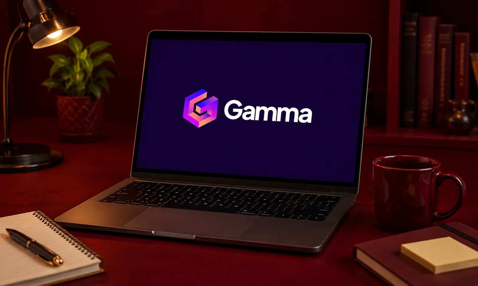 Gamma presentation and document creation tool set against a dark red ambient background