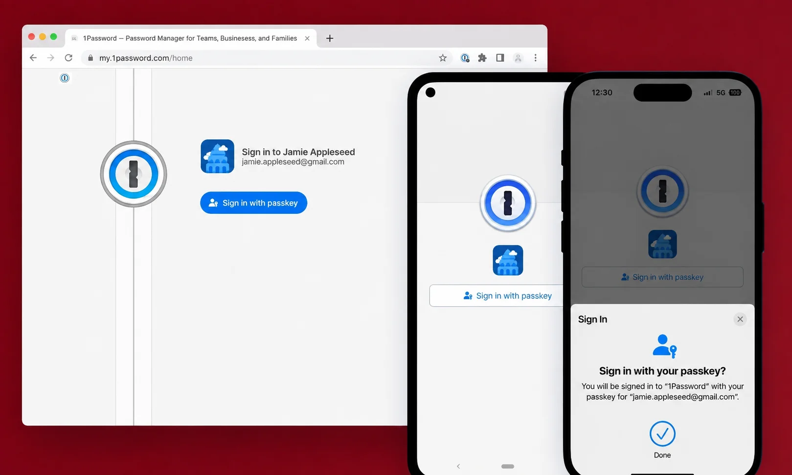 1Password security vault application interface open across devices on a red tabletop