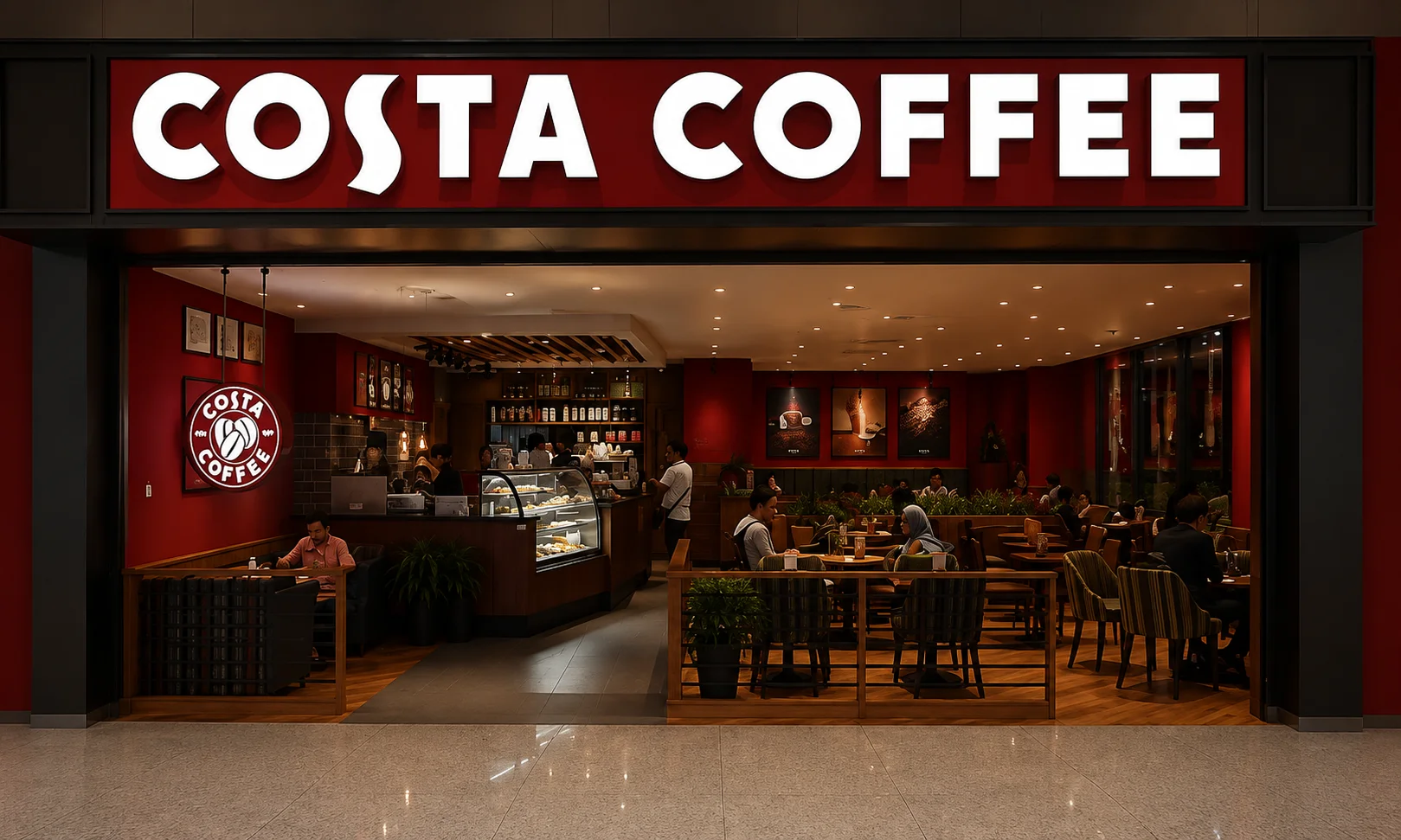 A Costa Coffee store exterior storefront view set against a warm ambient setting.