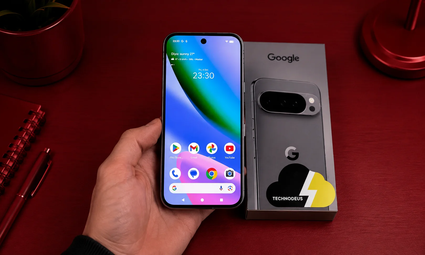 A Google Pixel 10 Pro showing its multi-camera system and color options.