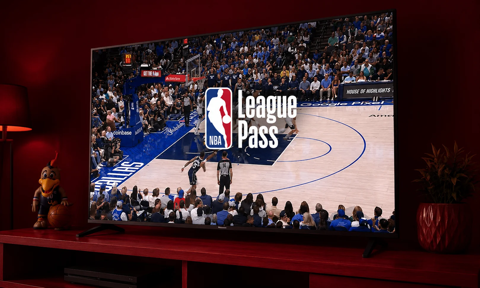 A television screen displaying an NBA basketball game in a dark room set against a red aesthetic.