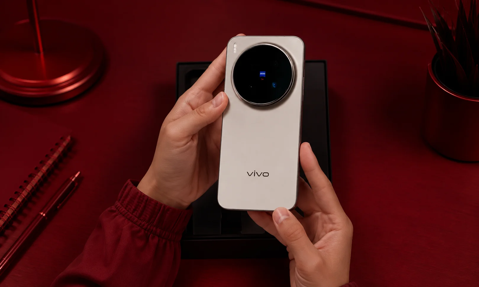 A Vivo X300 Pro smartphone being held up against a dark red backdrop.