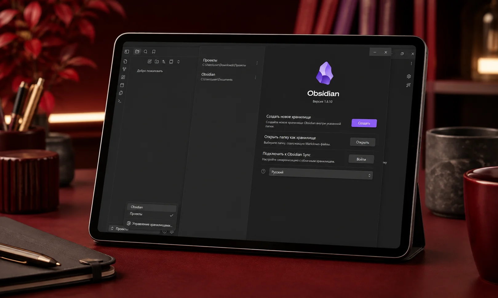 Obsidian note-taking application workspace featured on a desk with a warm red aesthetic