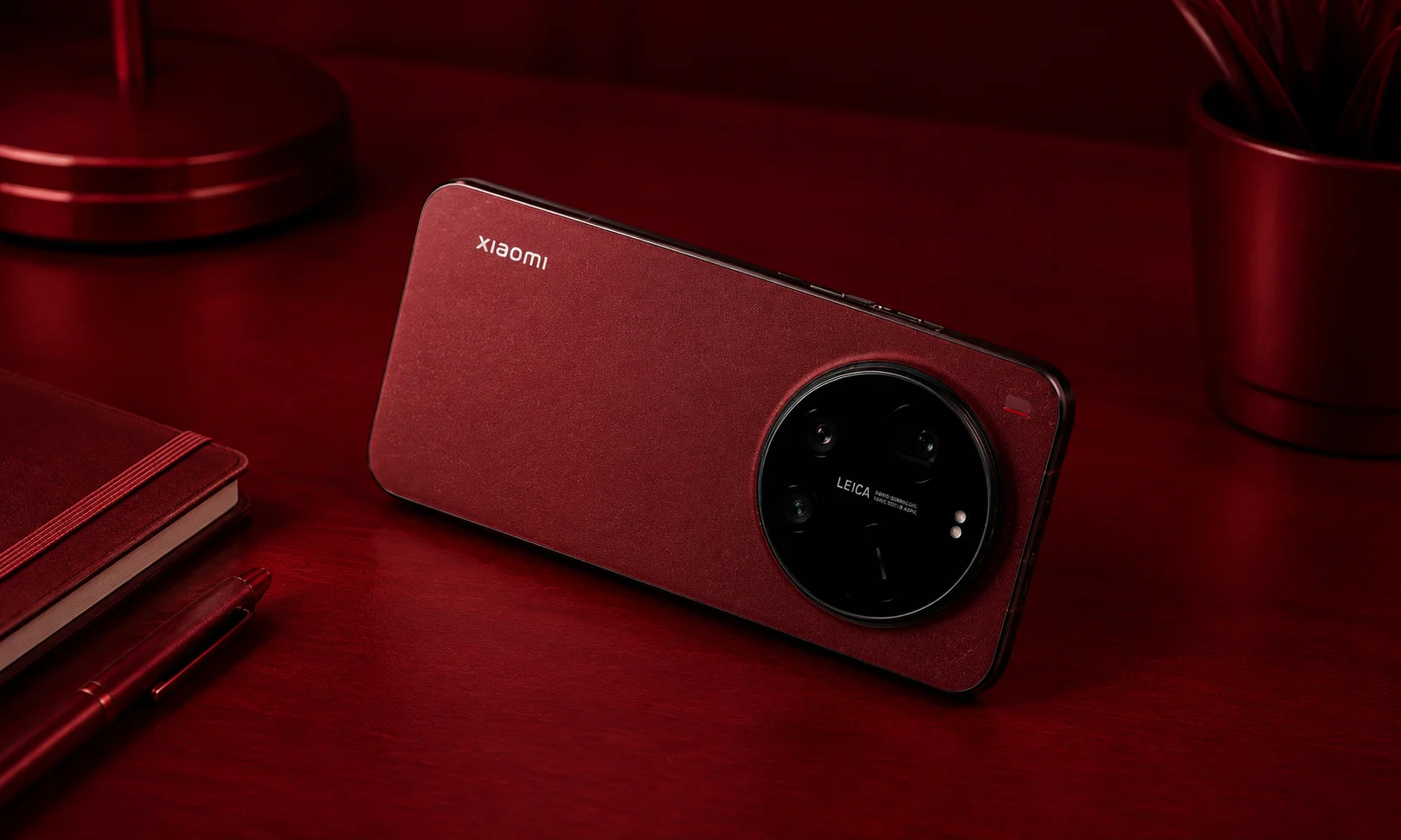 A striking red-edition smartphone displayed on a minimalist surface.