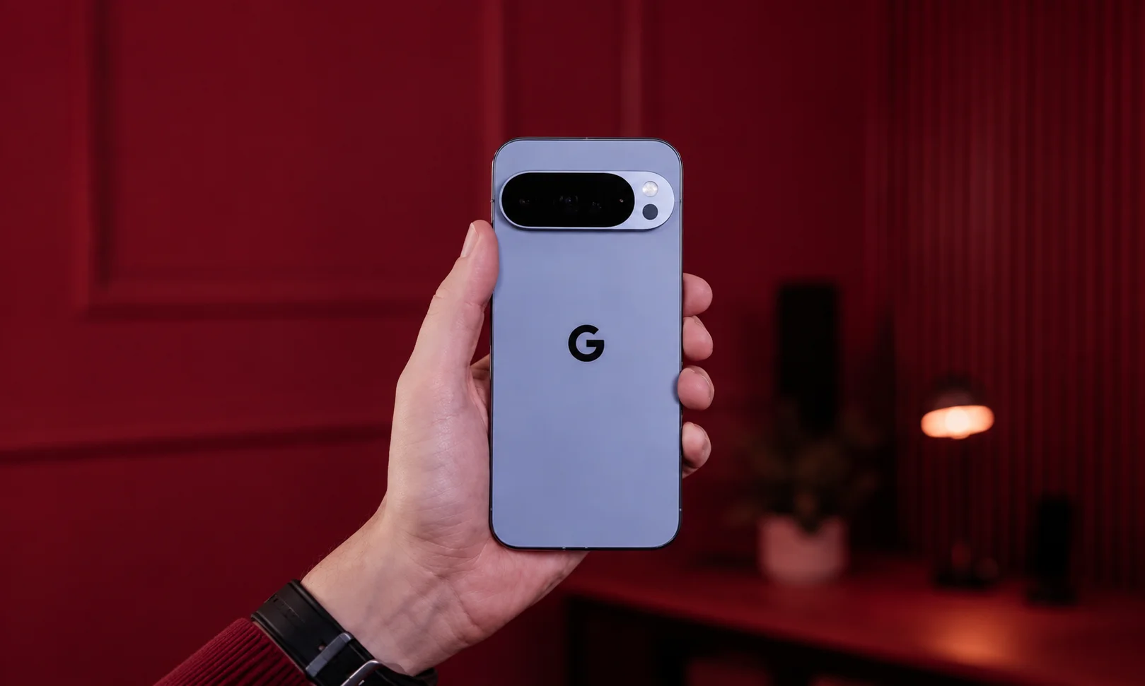 A blue-tinted Google Pixel 10 Pro XL shown in a product close-up.