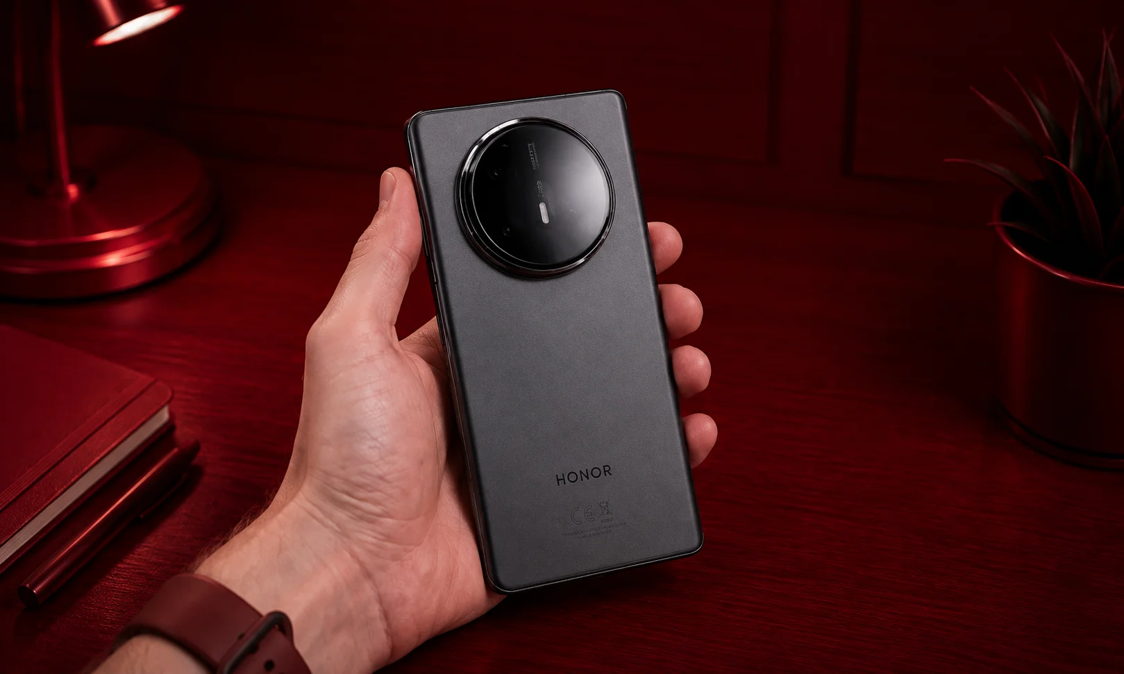 A foldable Honor smartphone held open against a warm-toned environment.
