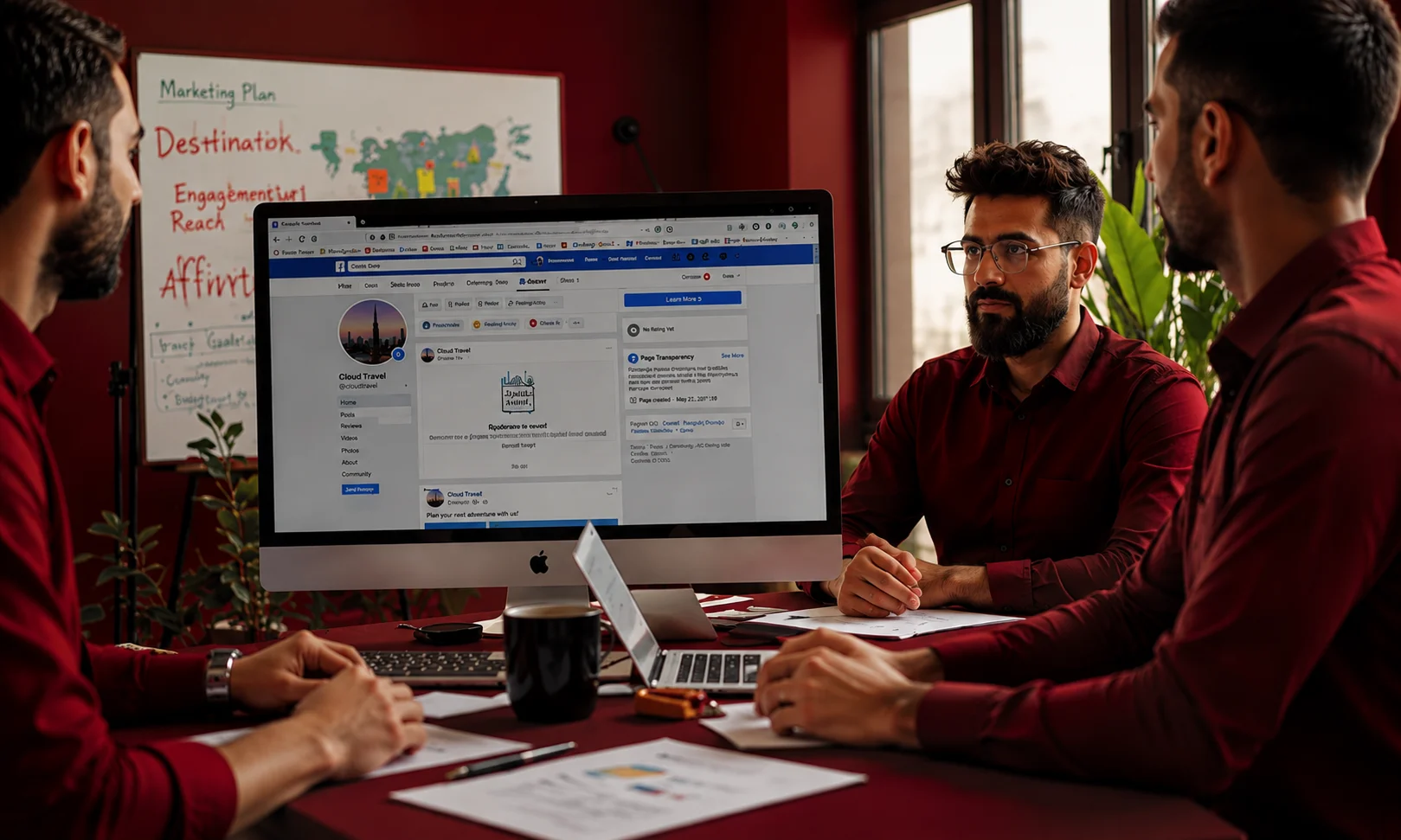 People collaborating in front of a computer monitor displaying social media analytics on a dark red surface.