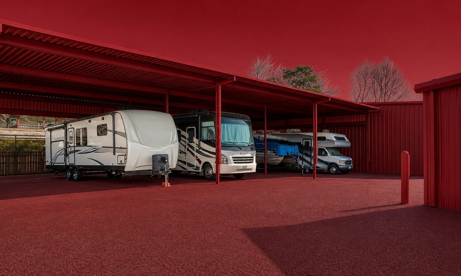 Private vehicle storage facility illuminated with a warm red aesthetic