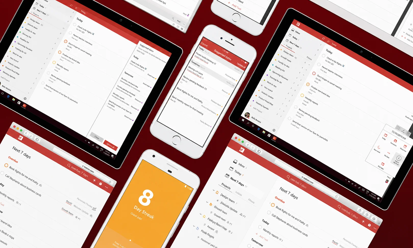 Todoist interface displayed across multiple devices on a rich red desk