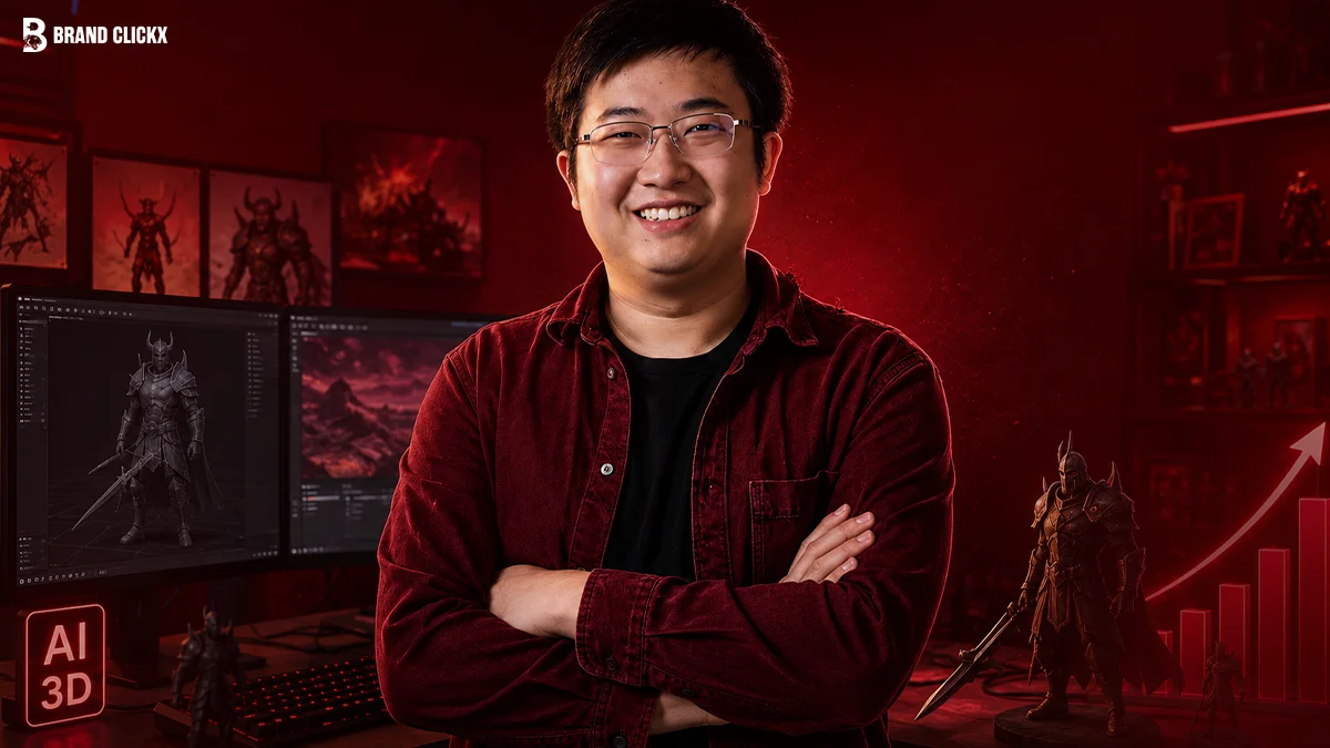 Professional digital artist smiling with arms crossed against a glowing red studio background featuring AI 3D design software