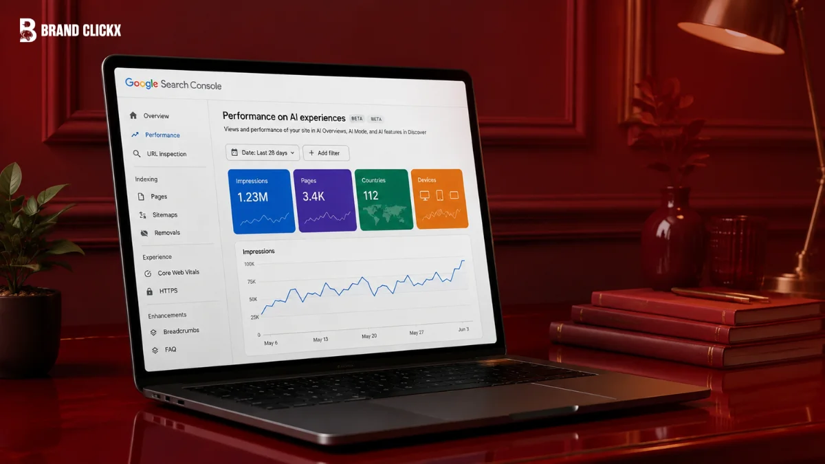 Laptop displaying the Google Search Console "Performance on AI experiences" dashboard on a dark red desk setup