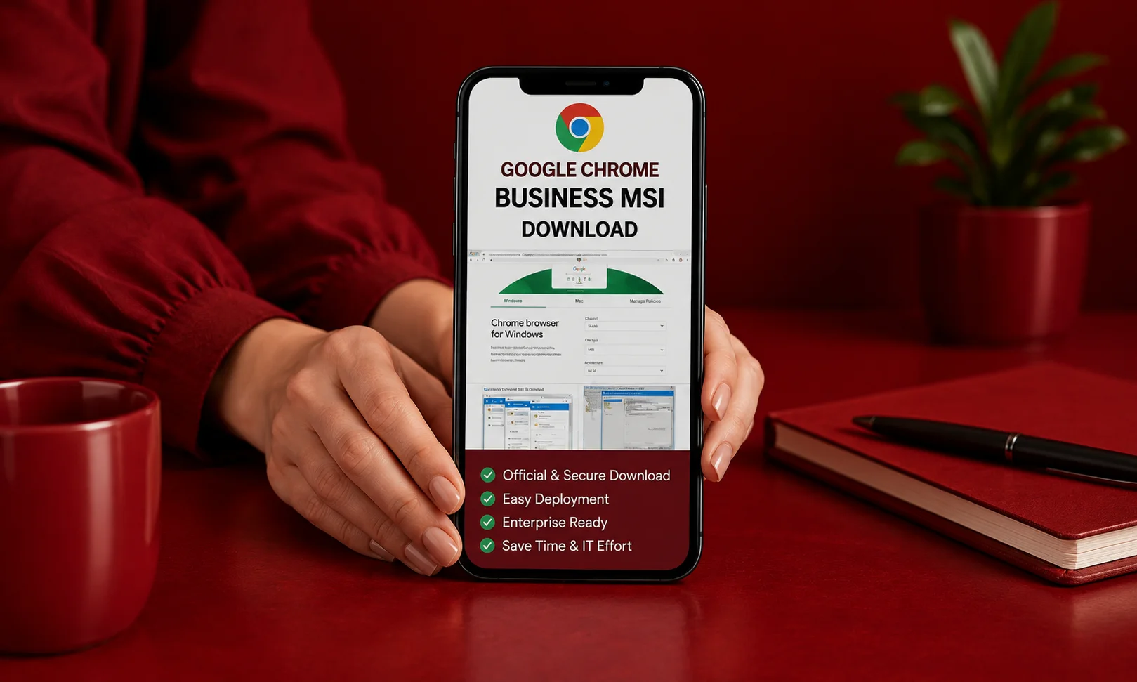 | Google Chrome Business MSI Download: Official Guide A mobile phone screen showing an overview and guide for deploying corporate web browsers.