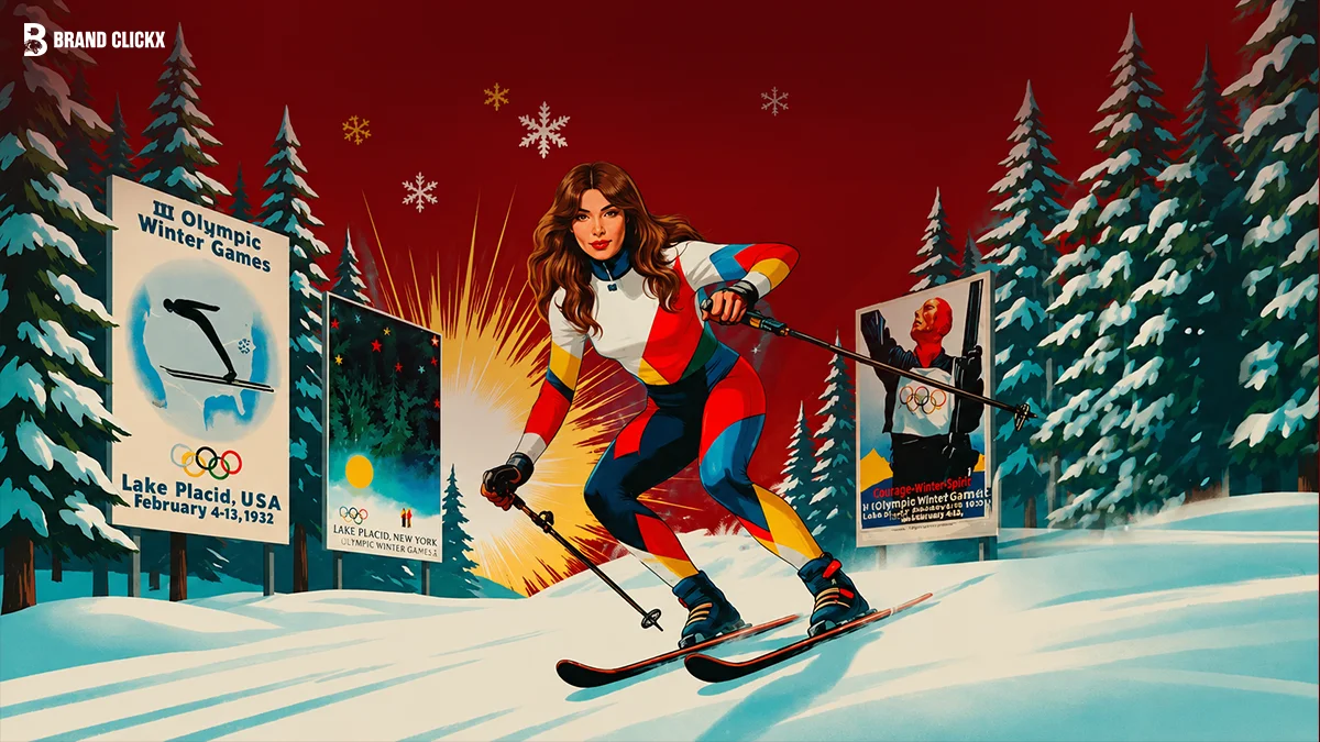 A retro winter sports poster showing a skier against a red background