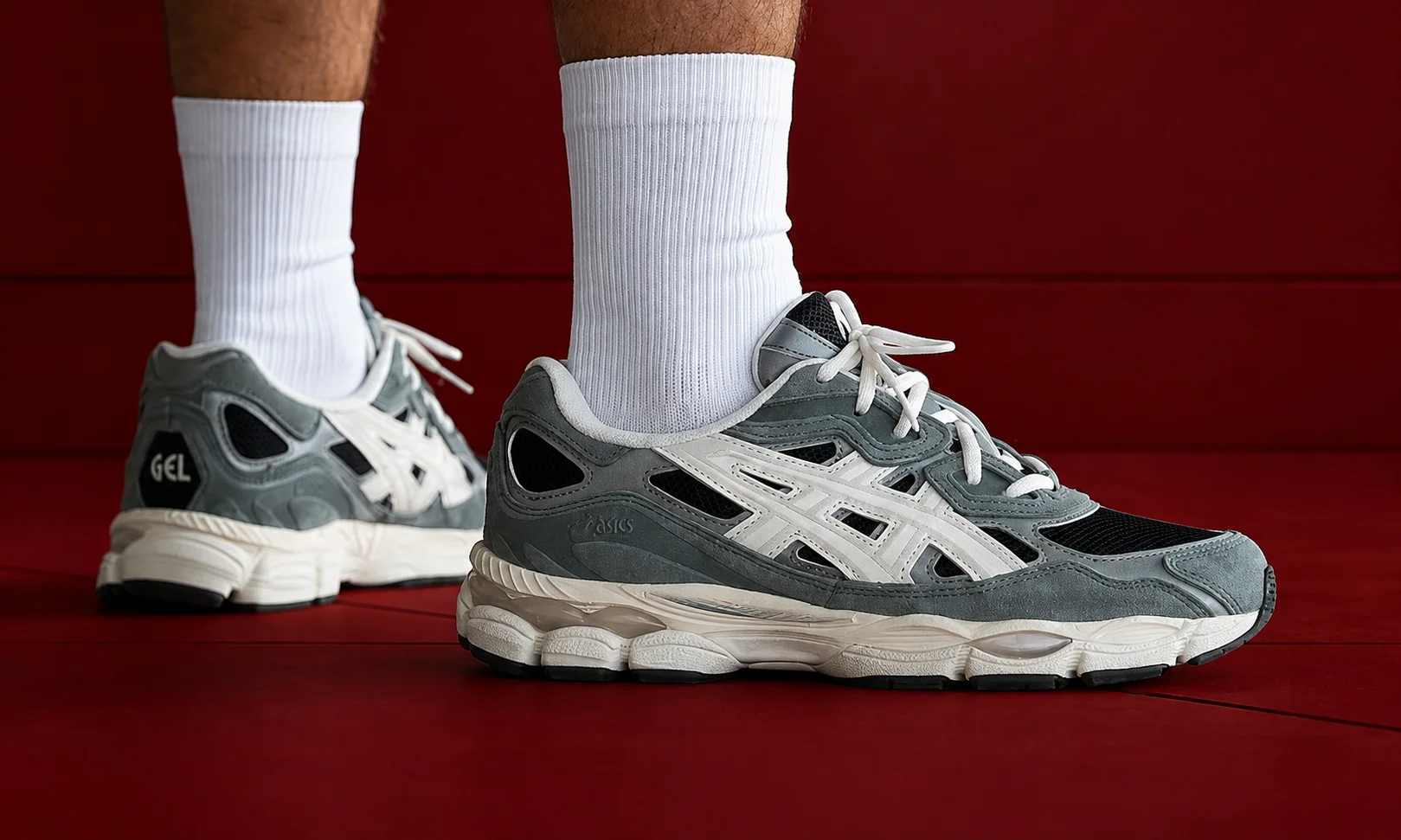 Asics running shoes showcasing structural heel stability and PureGEL joint protection technology.