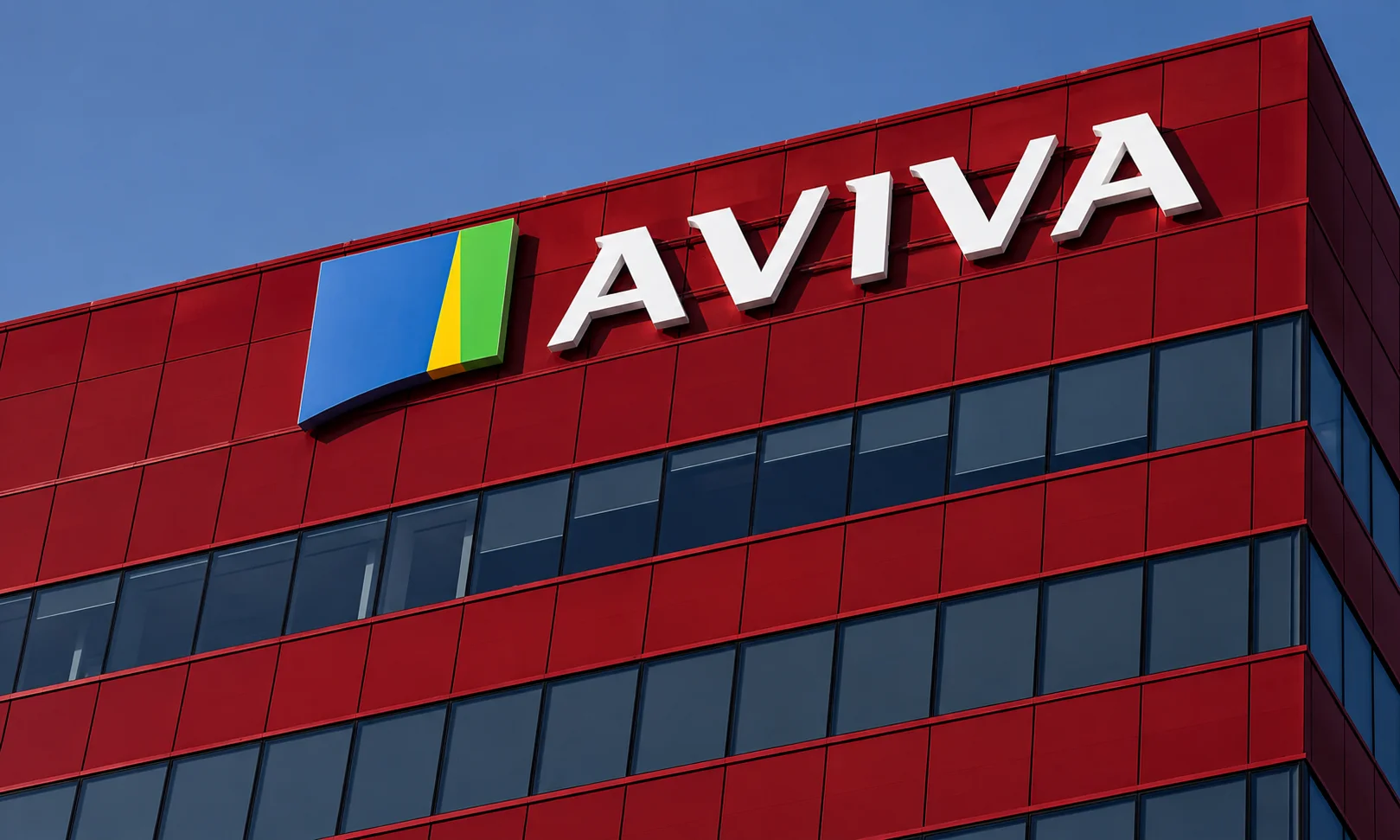 | Best Insurance Companies in the World in 2026 The Aviva insurance logo displayed at the top of a modern red office building.