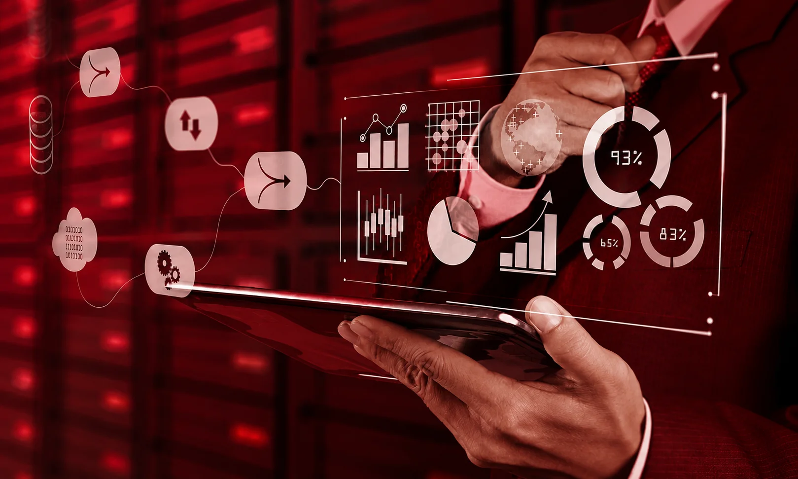 Person holding a digital tablet with data pipeline analytics, flow charts, and performance metrics