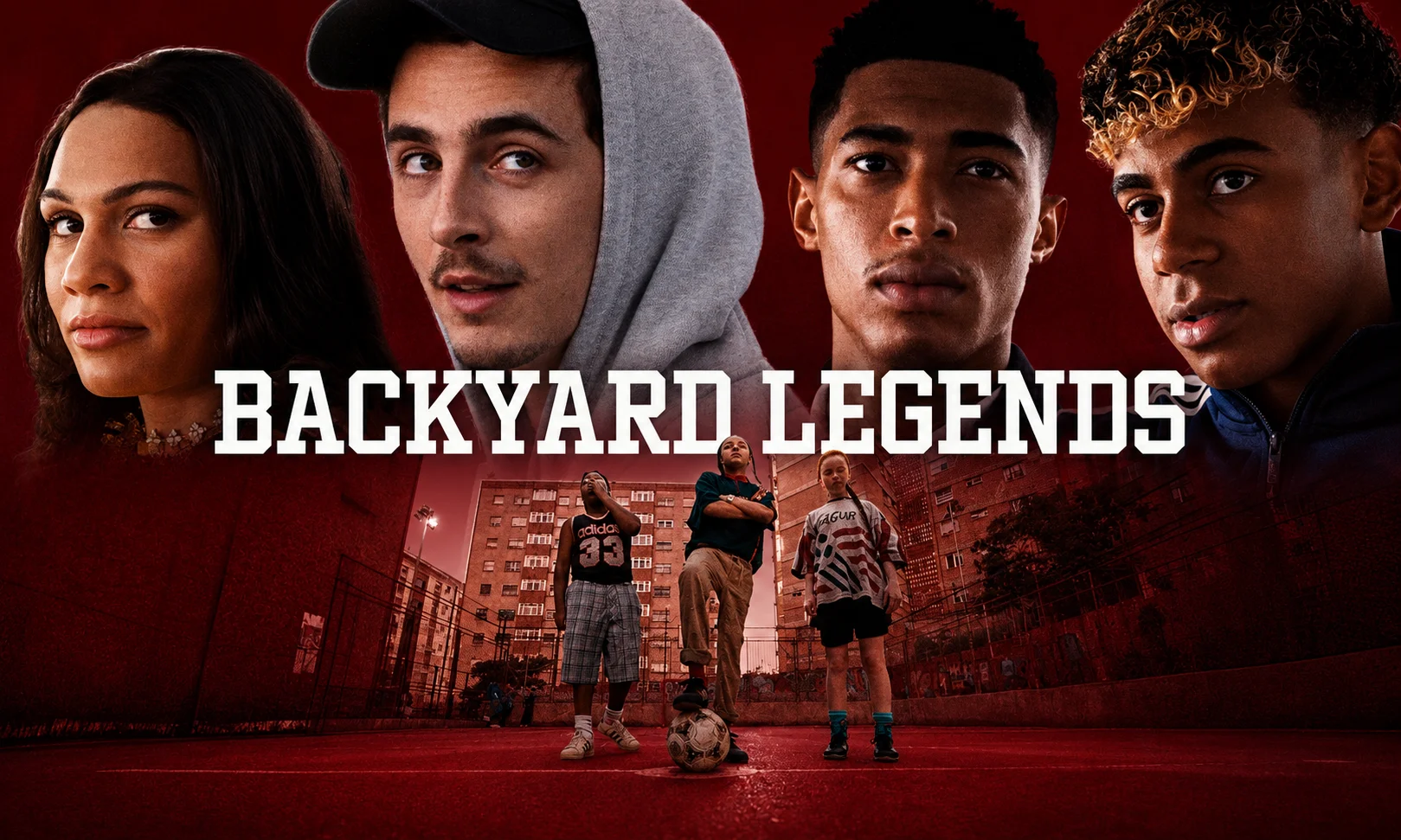Adidas Backyard Legends campaign poster featuring athletes against a dark red backdrop