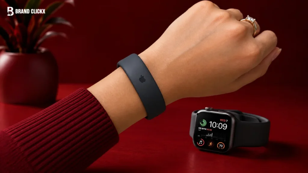 A person wearing a minimalist dark smart band with an Apple logo on the wrist, with a smartwatch resting on a red surface nearby, featuring the Brand Clickx