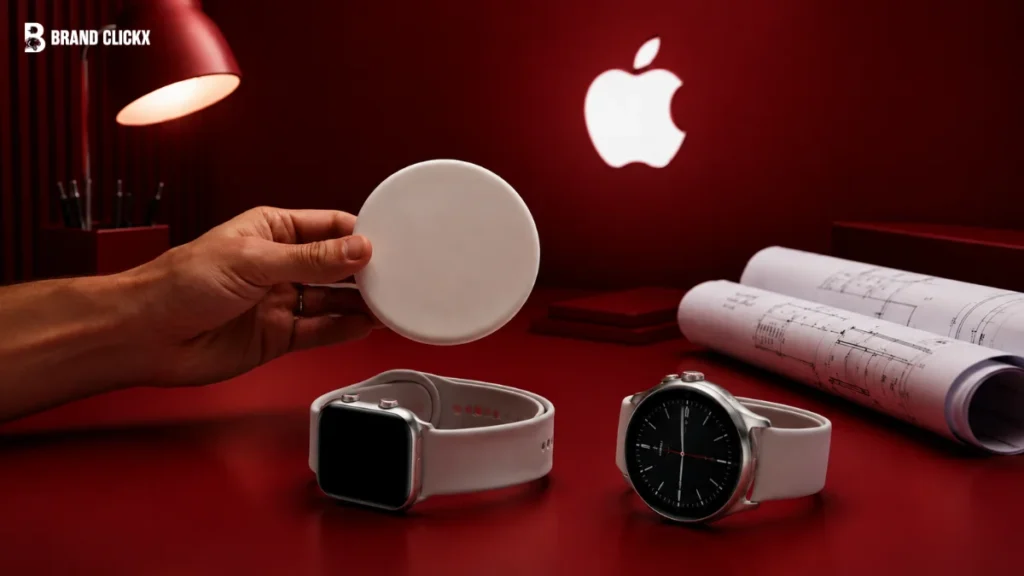 A hand holding a white circular charger above two smartwatches against a red background with an Apple logo.