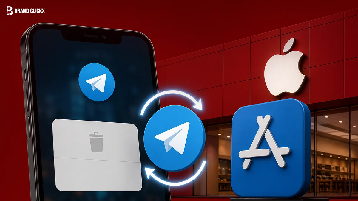 Smartphone displaying Telegram app icons with recycling arrows next to an Apple App Store icon in front of a red store exterior