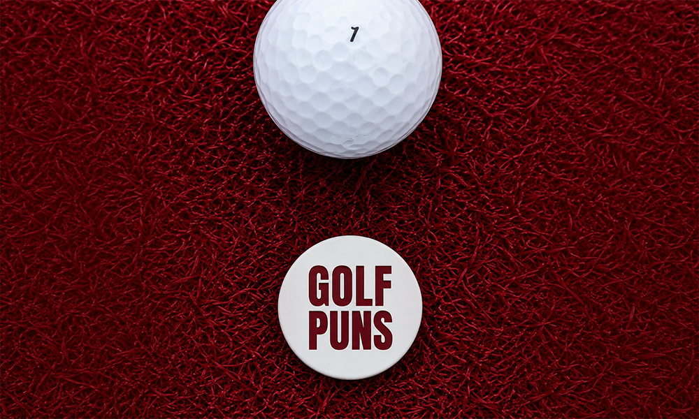 Two white golf balls displayed on a textured red surface with minimal text elements.