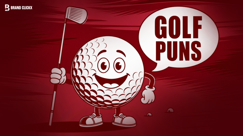 golf ball A cartoon golf ball character graphic with golf-themed text set against a deep red backdrop.