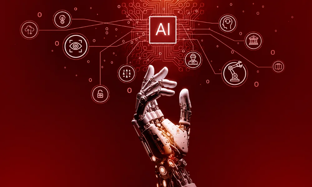 A robotic hand reaching toward digital interface nodes, demonstrating artificial intelligence applications in everyday life.