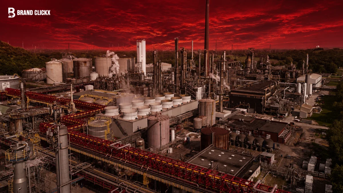 An aerial view of a sprawling industrial facility or oil refinery with various processing units, tanks, and pipelines, set against a dramatic, vivid red sky, featuring the Brand Clickx logo in the top left corner.